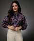 Neck Detailed Long Sleeve Printed Smocked Top